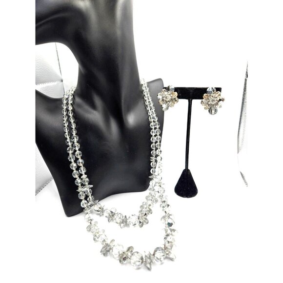 Vintage SHERMAN signed GRADUATED double strand crystal beaded necklace earrings